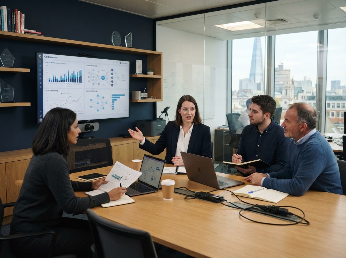 Caldorven AI analyst reviewing predictive data models on a secure remote workstation